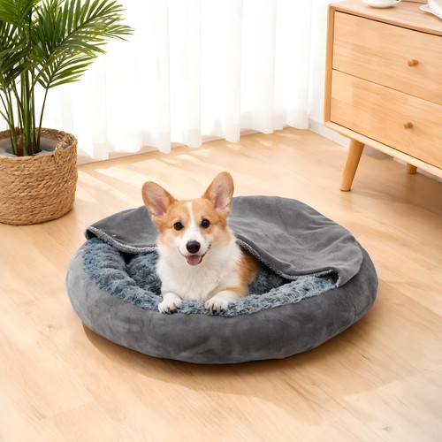Furry round plush pet bed - plush, dog