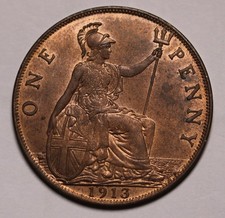 1913 UK Great Britain Penny Coin George V  KM# 810 AU