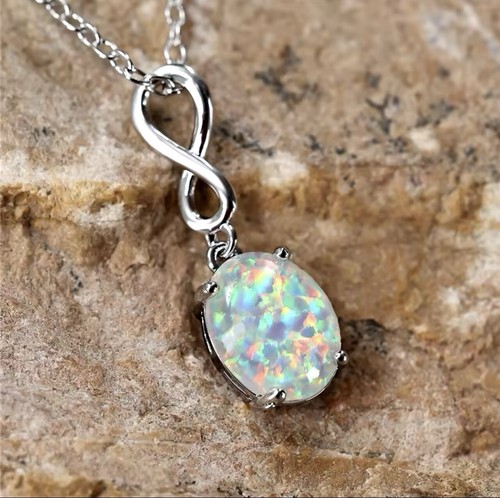 White opal fire oval pendant - white,