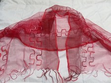 TEXTURED RED PINK EMBROIDERY 100% PURE SILK TISSUE ORGANZA LONG SHAWL SCARF WRAP
