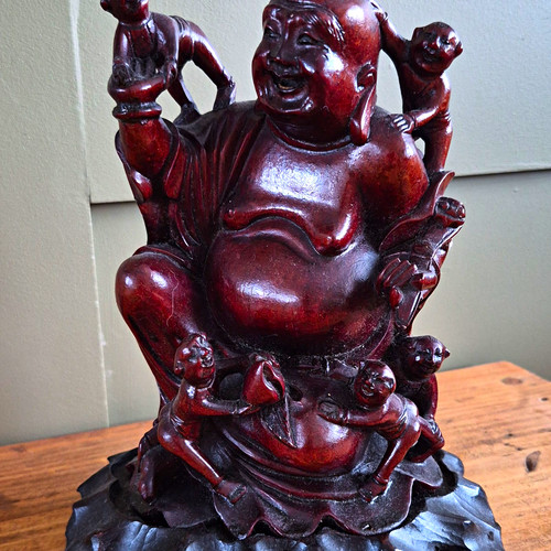 Carved wooden laughing buddha - carved,