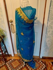 Elegant Indian Saree Turquoise With Gold Sequins Design. One Sise.
