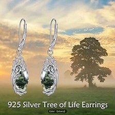 925 Sterling Silver Shiny Moss Agate Vine Drop Earrings Woman Girl Gift Box Pair