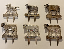 Vintage French Silver Plated Cow & Sheep Cheese Markers X 6 Mid Century