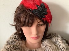 DesignerFeathers Bright Red Hat, Headdress, Pillbox Hat, - Wedding etc