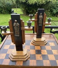 Antique French Art Deco Religious Candle Sticks Holders Prayer Set Wood Metal