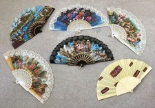 Selection of 6 Vintage Spanish Hand fans Tourist Souvenir Floral Dance Scenes.