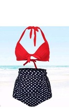 Retro 50's Pin Up Bikini Red Navy Polka Dots High Waisted, Size Large UK 10,
