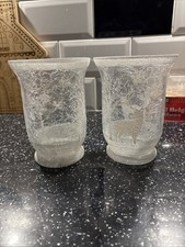 Candle Holders Crackle Glass Winter Scene X 2