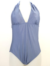 Gideon Oberson Swimsuit One Piece Triangle Top Halter Neck Blue Open Back 10 12