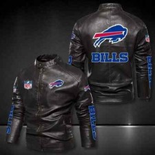 Mens Buffalo Bills Leather Jacket Vintage Bomber Coat Motorcycle Biker Jacket