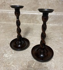 Antique Oak Barley Twist 8” Candlesticks with Brass Candle Cups