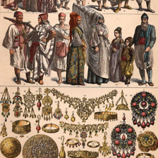 ARABIAN JEWELRY - Jews Costume Arab Gold Children 1884 Antique Chromolithograph