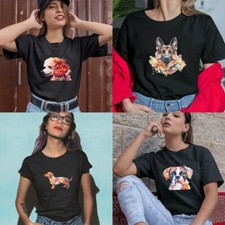 Dog Summer Black Short Sleeve Printed T-Shirt Top Tee Clothing Pullover Gift UK