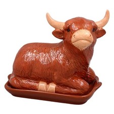 Highland Cow Butter Dish Ceramic Brown Rustic Design with Lid for Kitchen