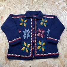 Vintage Hand Knit Chunky Wool Navy Floral Cardigan Jumper Chic Boho XL