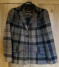 Barbour Dee Tailored Tweed Jacket Womens 12 Grey Tartan Country Hacking Blazer
