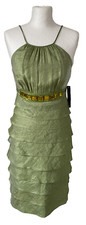 Adrianna Papell Green Shimmer Occasion Dress UK 8 Straps Tiered Beads.