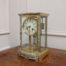 Antique Mantel Clock French Four Glass Champleve Enamel and Brass Restored