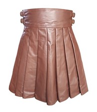 Men Brown Leather Full Pleated Utility Costumes Kilt Gay LARP
