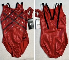 New GK ELITE Leotard Gymnastics SEQUIN BLING Red Black UNIQUE BACK Tank SIZE: CL