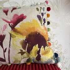 Bluebell Gray Linen Cushion with Feather Insert 56cm X  41cm . Bobble Fringing