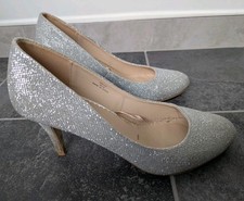 Debut silver glitter, medium stiletto court shoes,  UK 6, Christmas/NYE party