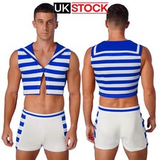 Mens Nautical Sailor Cosplay Costumes Striped Lapel  Crop Top with Boxer Outfit 