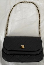 Vintage 1980s Chanel Black Quilted Lambskin Half Moon Double Flap Shoulder Bag