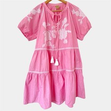 Rose & Rose Pink Tiered Embroidered Short Mini Flare Boho Dress S Pockets Tassel