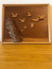 Vintage Handcrafted Wooden"Seascape" image. 3D Seagulls. Sign DK Law. Unusual.