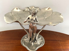 Large Metallic Fairy and Lilypad Figure Card Tray. Signed to Base. 21cm Tall.