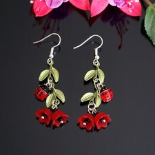 Red Bell Flower and Enamel Ladybird Ladybug Silver Dangle Drop Earrings