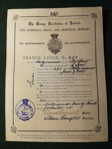 1905 orange lodge - lodge, certificate