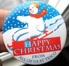 TESCO STORES VINTAGE THE SNOWMAN RAYMOND BRIGGS STAFF CHRISTMAS PIN BADGE