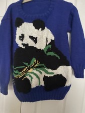 New Ladies Intarsia Hand Knitted Panda and Bamboo Jumper  Size M