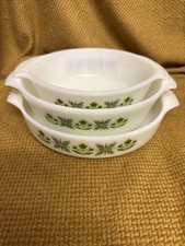 Vintage Anchor Hocking Green Meadow Pyrex Oven/Serving Dish set  of 3 -Excellent