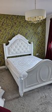 White wooden double bed frame with leather & diamante headboard, great condition