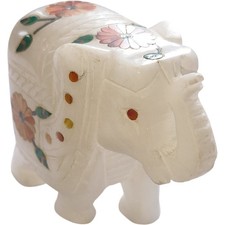 Inlaid Marble Elephant Figurine Collectible Ornament Lucky Charm 6.5cm Tall