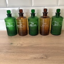 Antique 19th Century Ribbed Green Apothecary Bottles X 5