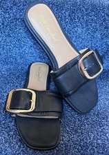 Ruth Langsford Black Leather Mules Sandals with gold buckle,  Size 6 39 QVC