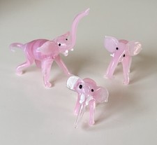 Vintage 3 Pink Glass Elephant Figurines Hand Blown Art Glass Animal Collectible 