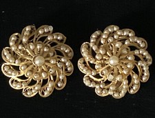 Vintage Silver Gilt Filagree Faux Seed Pearl Round Galaxy Clip on Earrings