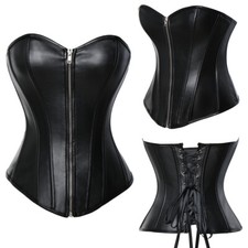 Gothic Women Lady Faux Leather Overbust Corset Top Zipper Basque Lace Up Bustier
