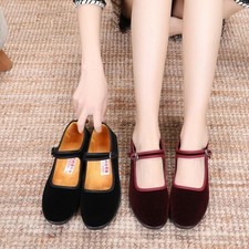 ✨✨Ladies Flat Pumps Retro Chinese Old Beijing Shoes Mary Jane Ankle Strap Velvet