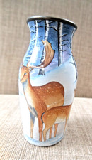 Moorcroft Enamel Vase Vintage Rare  Highland Stag & Doe Deer in Snowy Landscape