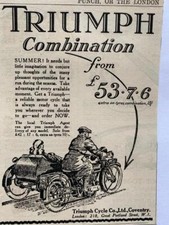 ADVERT 1926 TRIUMPH COMBINATION MOTOR CYCKLE BIKE MOTOR BIKE SIDE CAR