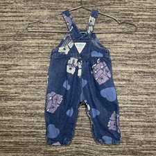 Vintage Oshkosh Bgosh Teddy Bear Print Baby Overalls Denim Jean Size 3-6 Months