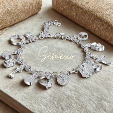 Sterling Silver Charm Bracelet with 13 Lucky Silver Charms + FREE GIFT BAG