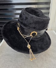 Vintage Genuine Christian Dior Chapeaux Brimmed Gold Tone Jewelled Black Hat 